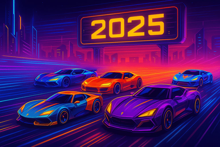 Futuristic Nitro Type cars lined up on a glowing neon racetrack in 2025