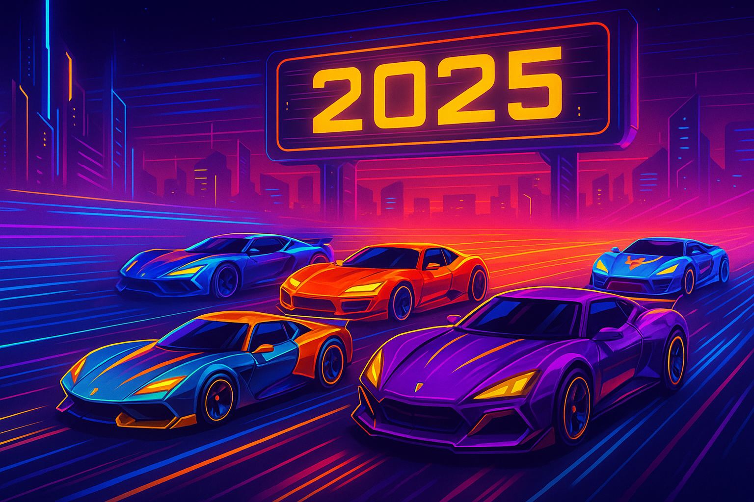 Futuristic Nitro Type cars lined up on a glowing neon racetrack in 2025