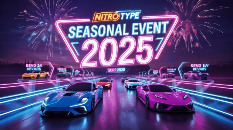 Futuristic Nitro Type racers competing in a seasonal event with glowing track and reward cars