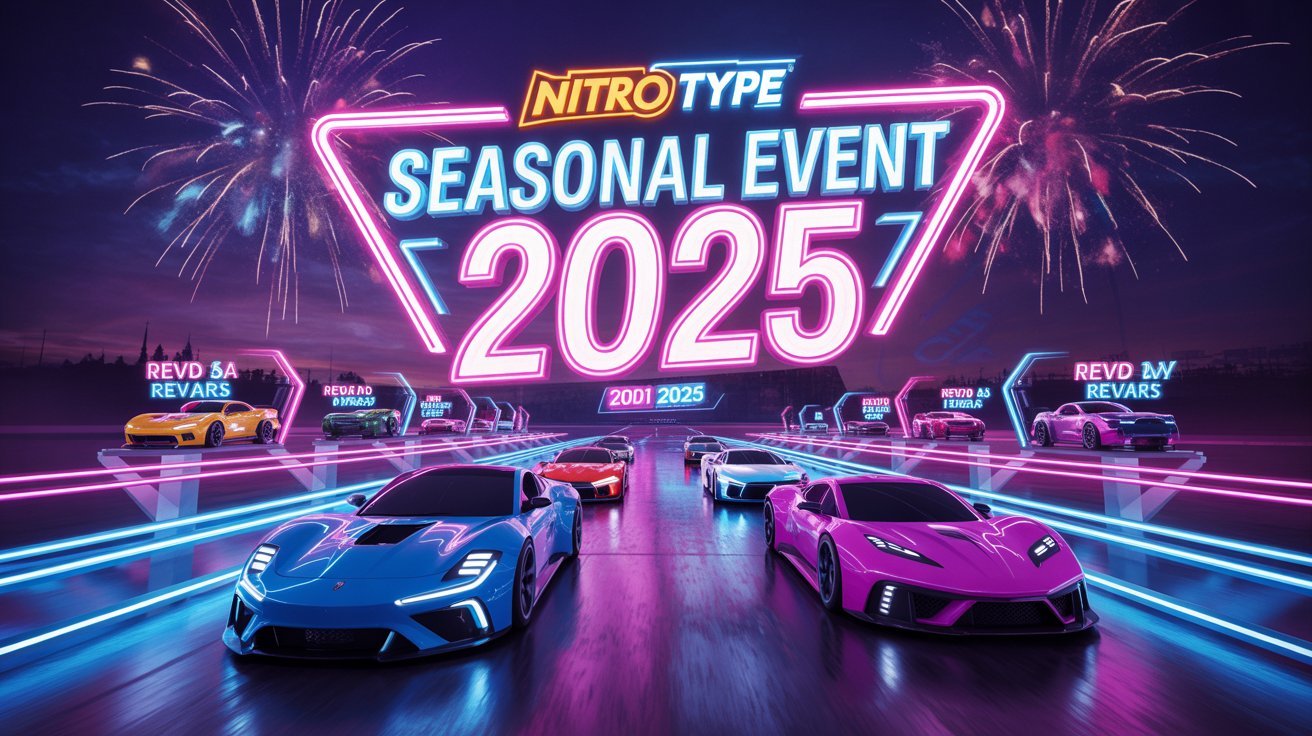 Futuristic Nitro Type racers competing in a seasonal event with glowing track and reward cars