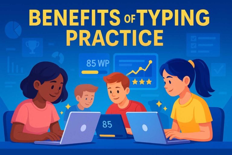 Students learning the benefits of typing practice in a modern classroom setting