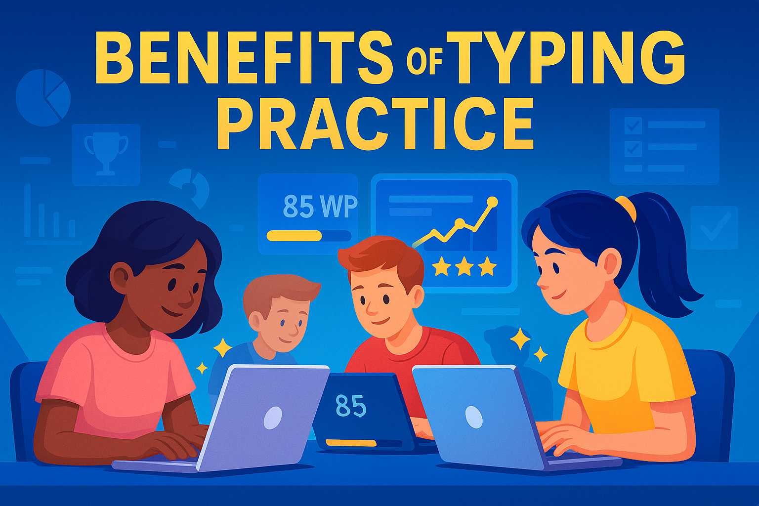 Students learning the benefits of typing practice in a modern classroom setting