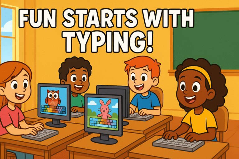 Kids learning with dance mat typing in a colorful classroom setting