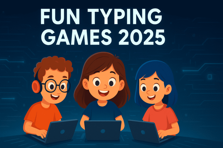 Illustration of three kids playing typing games on laptops with the heading “Fun Typing Games 2025”