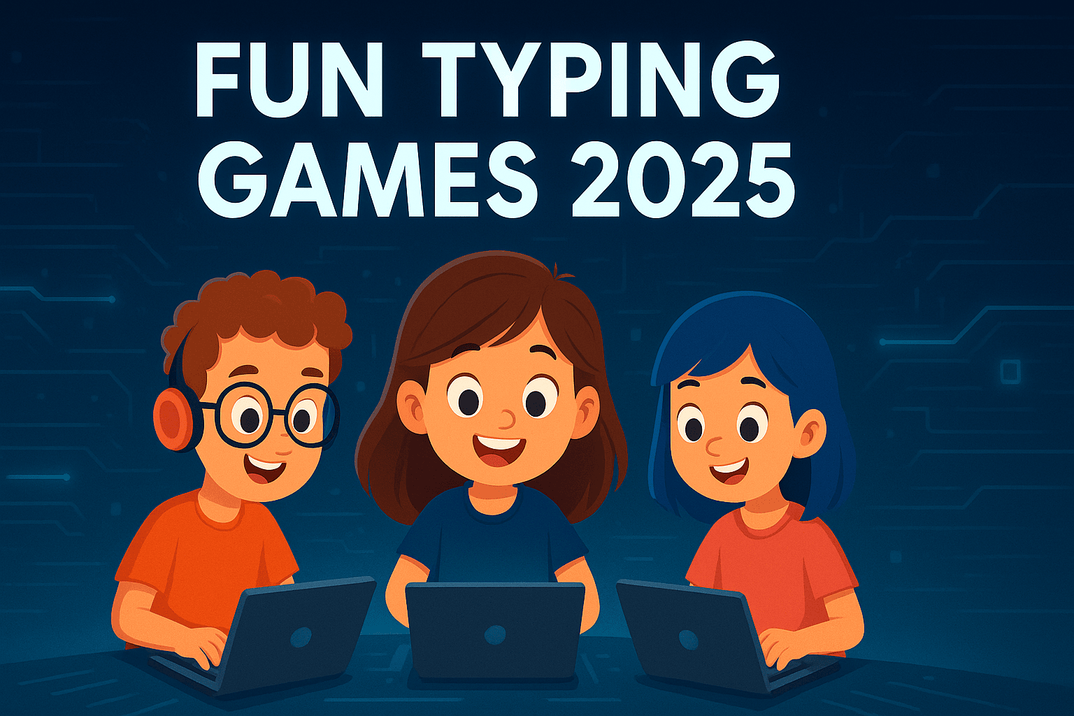 Illustration of three kids playing typing games on laptops with the heading “Fun Typing Games 2025”