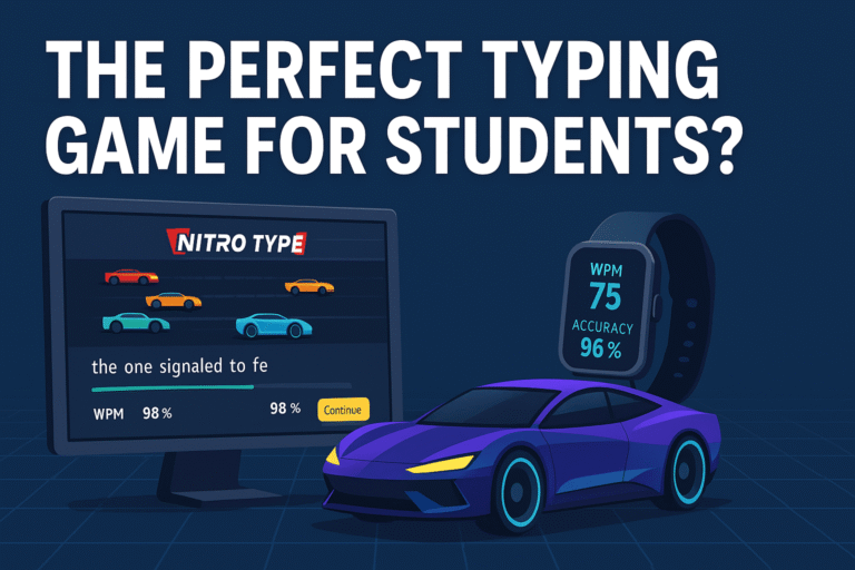 Futuristic illustration of Nitro Type Racing for Students with car, smartwatch, and typing screen