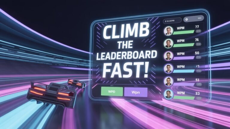 Futuristic Nitro Type leaderboards interface with racing stats, player rankings, and digital racetrack background in 2025