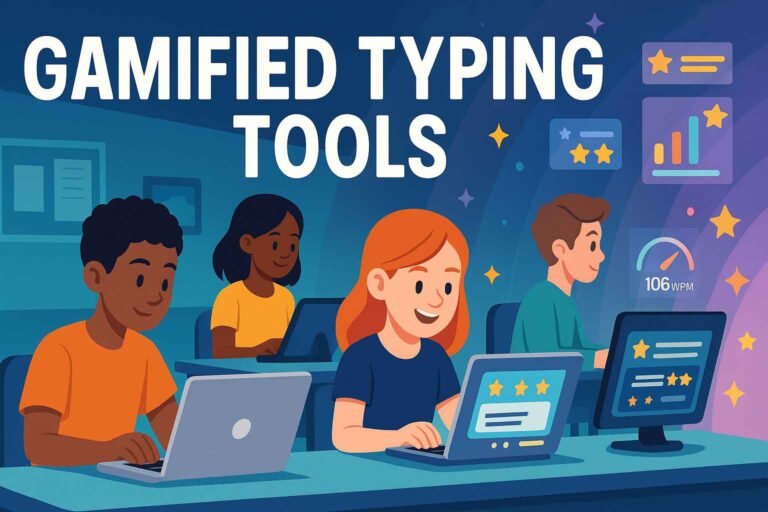 Illustration showing students improving typing speed using gamified typing tools in a modern classroom