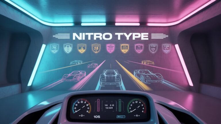 Futuristic Nitro Type achievements dashboard with glowing badges and race progress in 2025