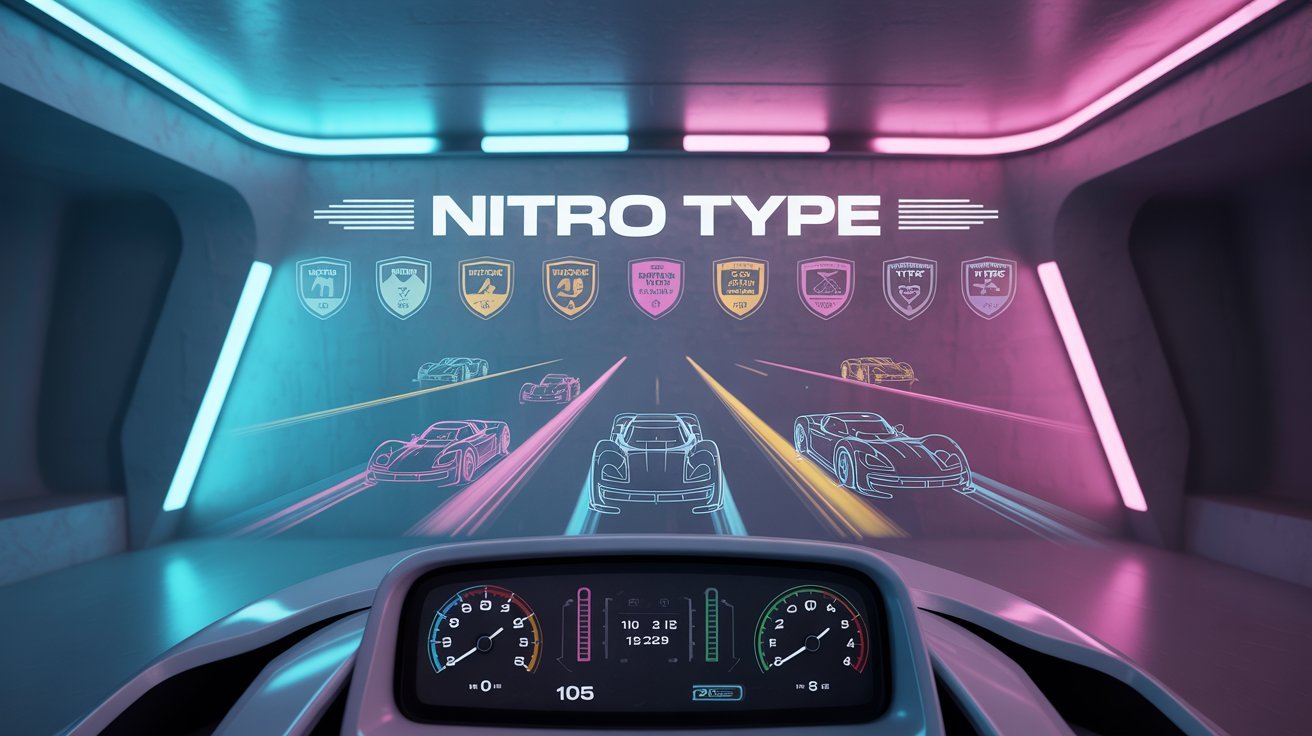 Futuristic Nitro Type achievements dashboard with glowing badges and race progress in 2025