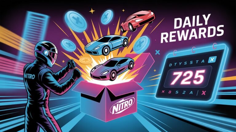Futuristic Nitro Type racer opening daily login reward box with bonuses in 2025