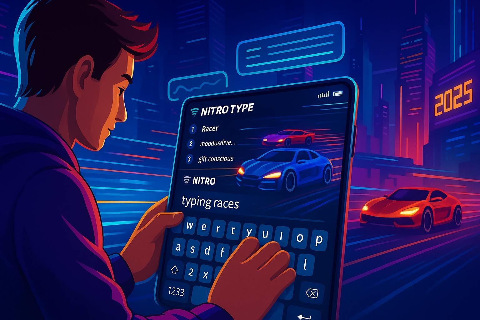 Futuristic Nitro Type mobile gameplay with neon cars and a glowing city background in 2025