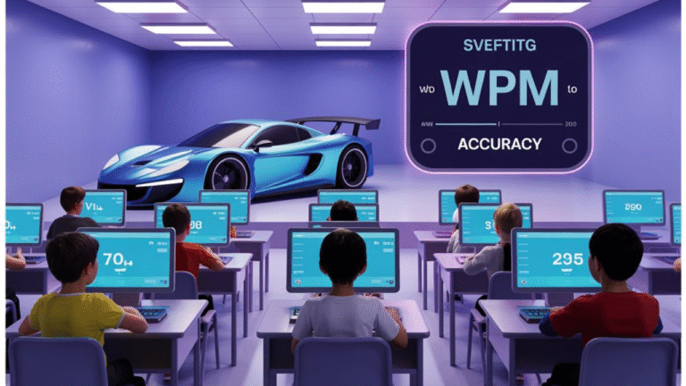 Illustration showing Nitro Type improving student productivity through gamified typing in 2025