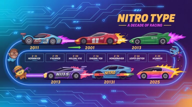 Nitro Type history timeline from 2011 to 2025 with key updates and racing milestones
