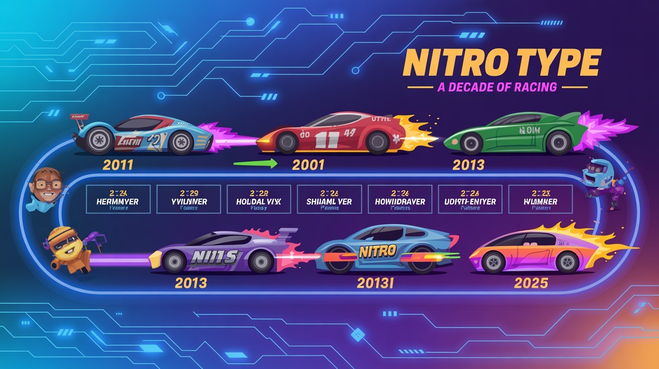 Nitro Type history timeline from 2011 to 2025 with key updates and racing milestones