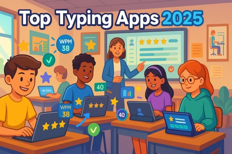 Illustration showing students using typing apps for middle school in a digital classroom setting