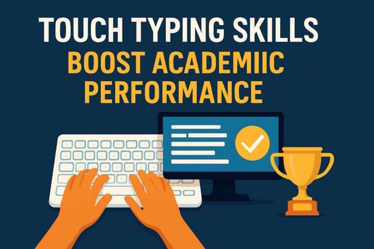 A student practicing touch typing skills on a modern laptop in a digital learning environment