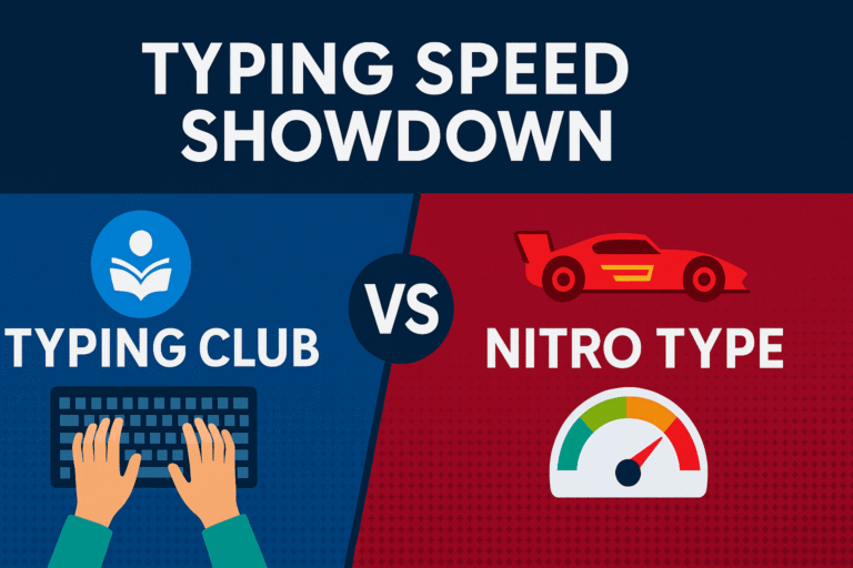 Typing Club vs Nitro Type visual comparison showing typing and racing elements