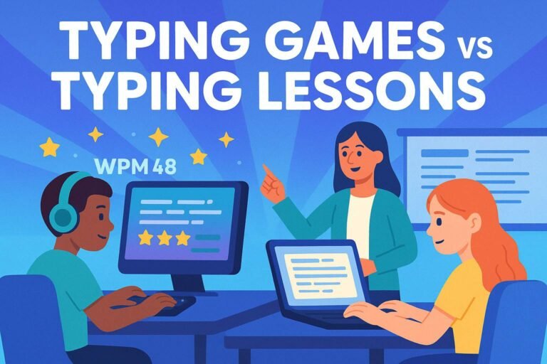 Colorful illustration comparing Typing Games vs Typing Lessons for improving student success in 2025
