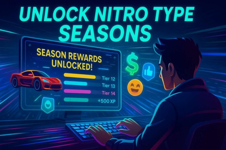 Futuristic dashboard showing Nitro Type Seasons XP, tier levels, and rewards in 2025
