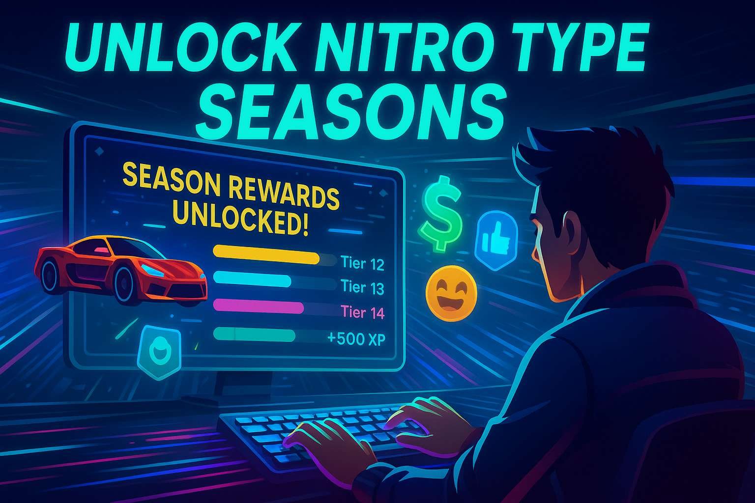Futuristic dashboard showing Nitro Type Seasons XP, tier levels, and rewards in 2025