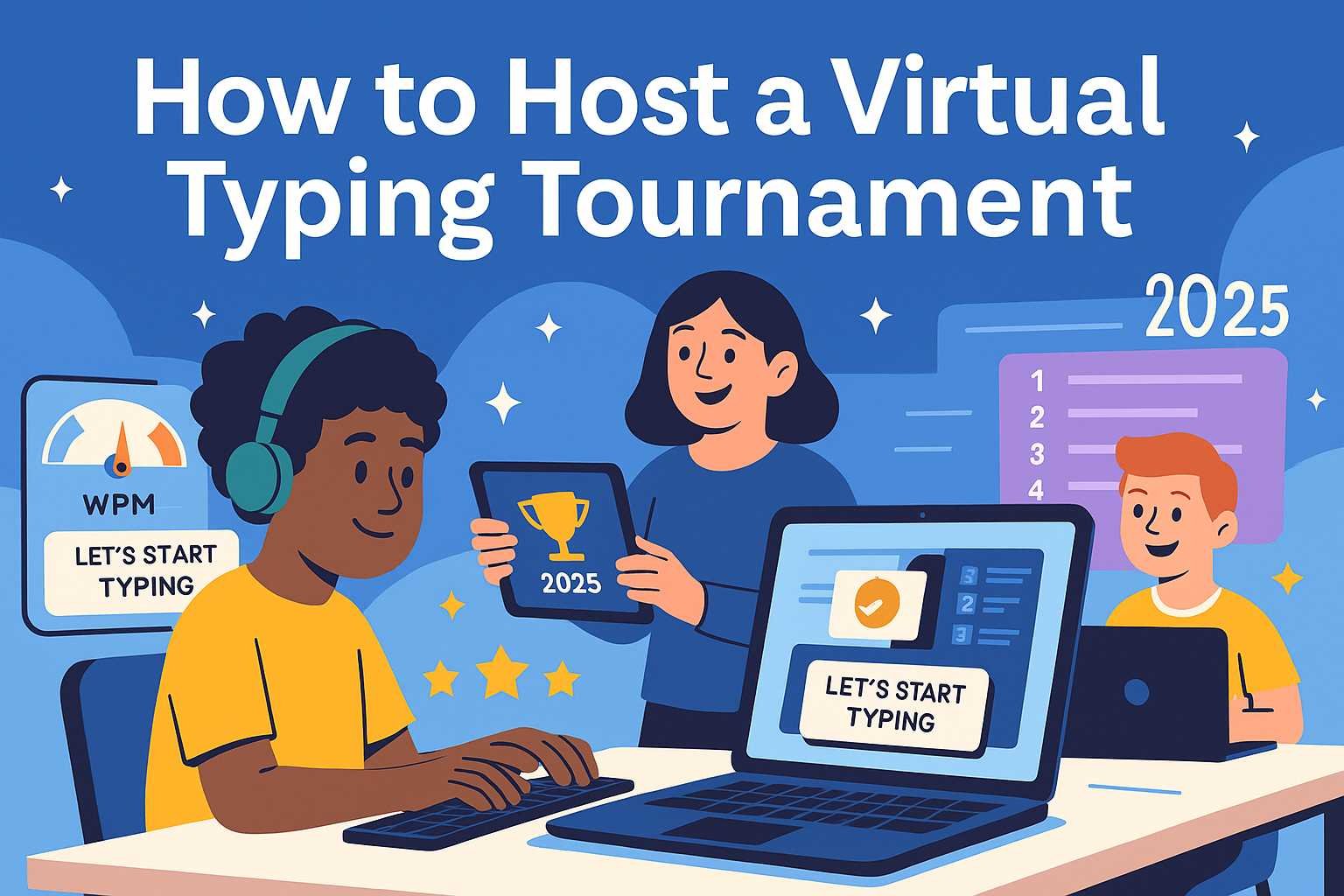 Students participating in a virtual typing tournament with digital leaderboards and gamified classroom setup in 2025