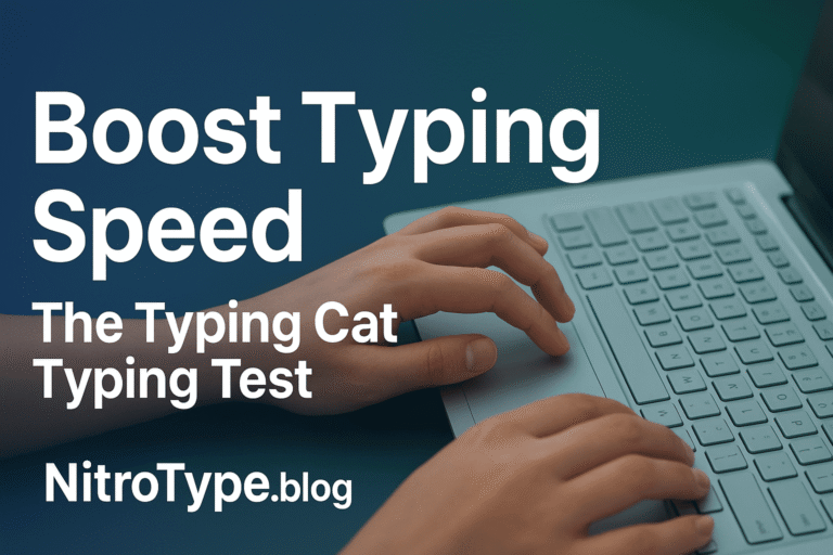 Hands typing on a laptop with text overlay promoting The Typing Cat Typing Test on NitroType.blog