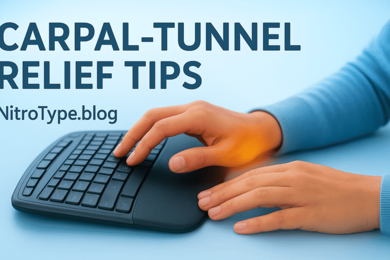 Hands typing on ergonomic keyboard with carpal-tunnel relief tips text overlay – NitroType.blog