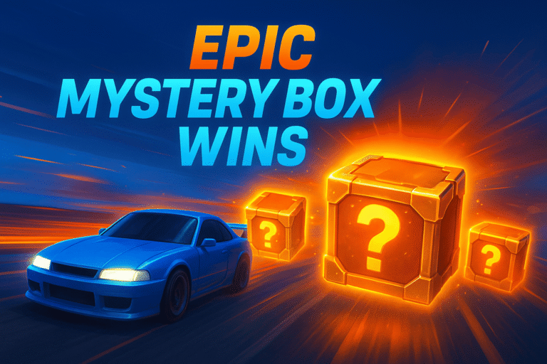 Epic Nitro Type mystery box rewards with race car and glowing loot boxes