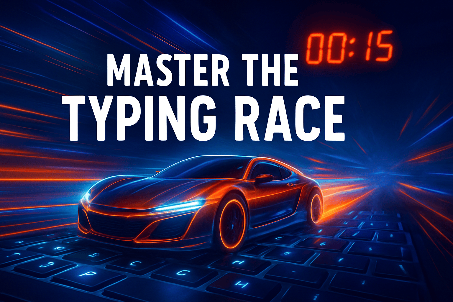 Sports car racing across a glowing keyboard in a typing race theme