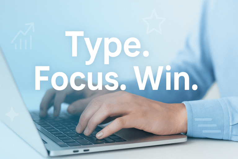 Hands typing on a laptop with motivational quotes for typing displayed on screen
