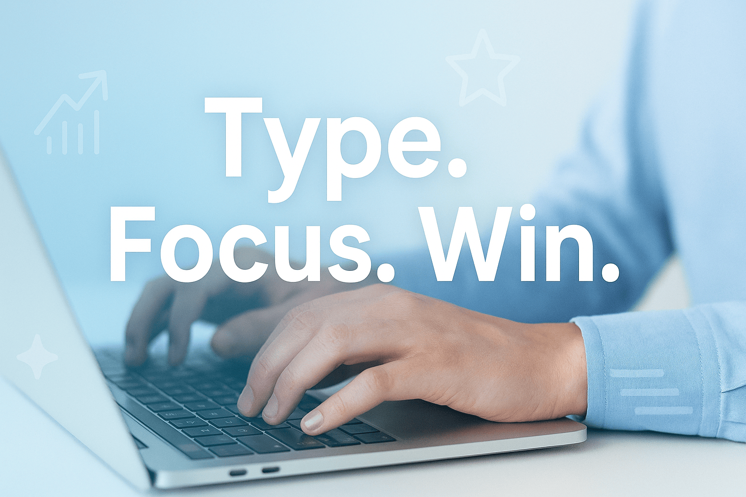 Hands typing on a laptop with motivational quotes for typing displayed on screen