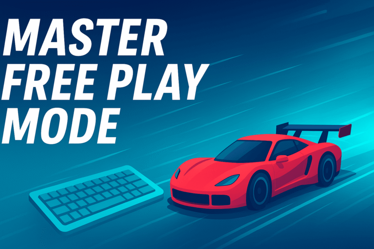 Nitro Type free play mode guide illustrated with race car and keyboard for typing speed improvement