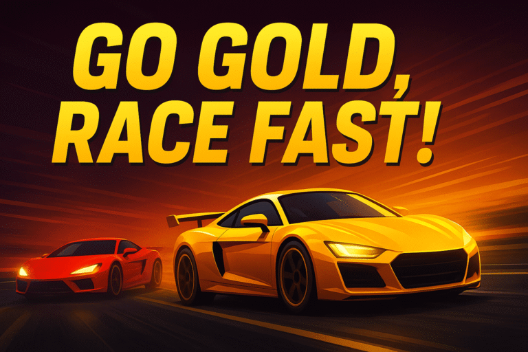 Go Gold Race Fast banner promoting Nitro Type gold membership with golden sports car and racing background