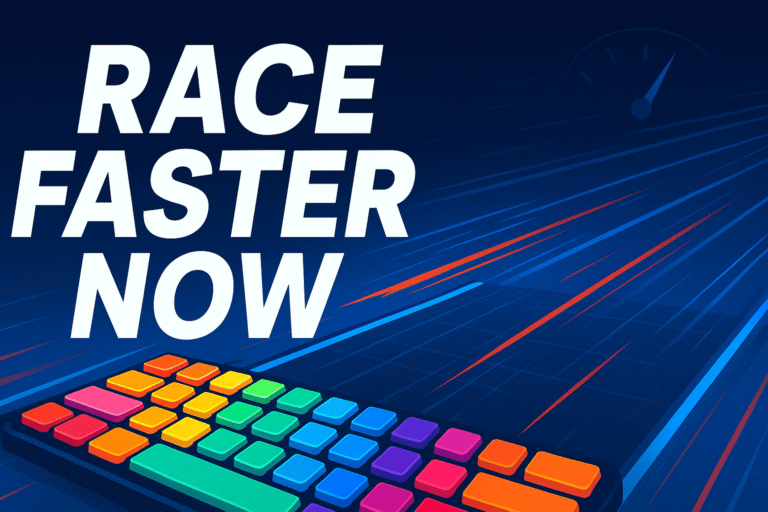 Colorful keyboard with speed lines and “Race Faster Now” text for Nitro Type racers