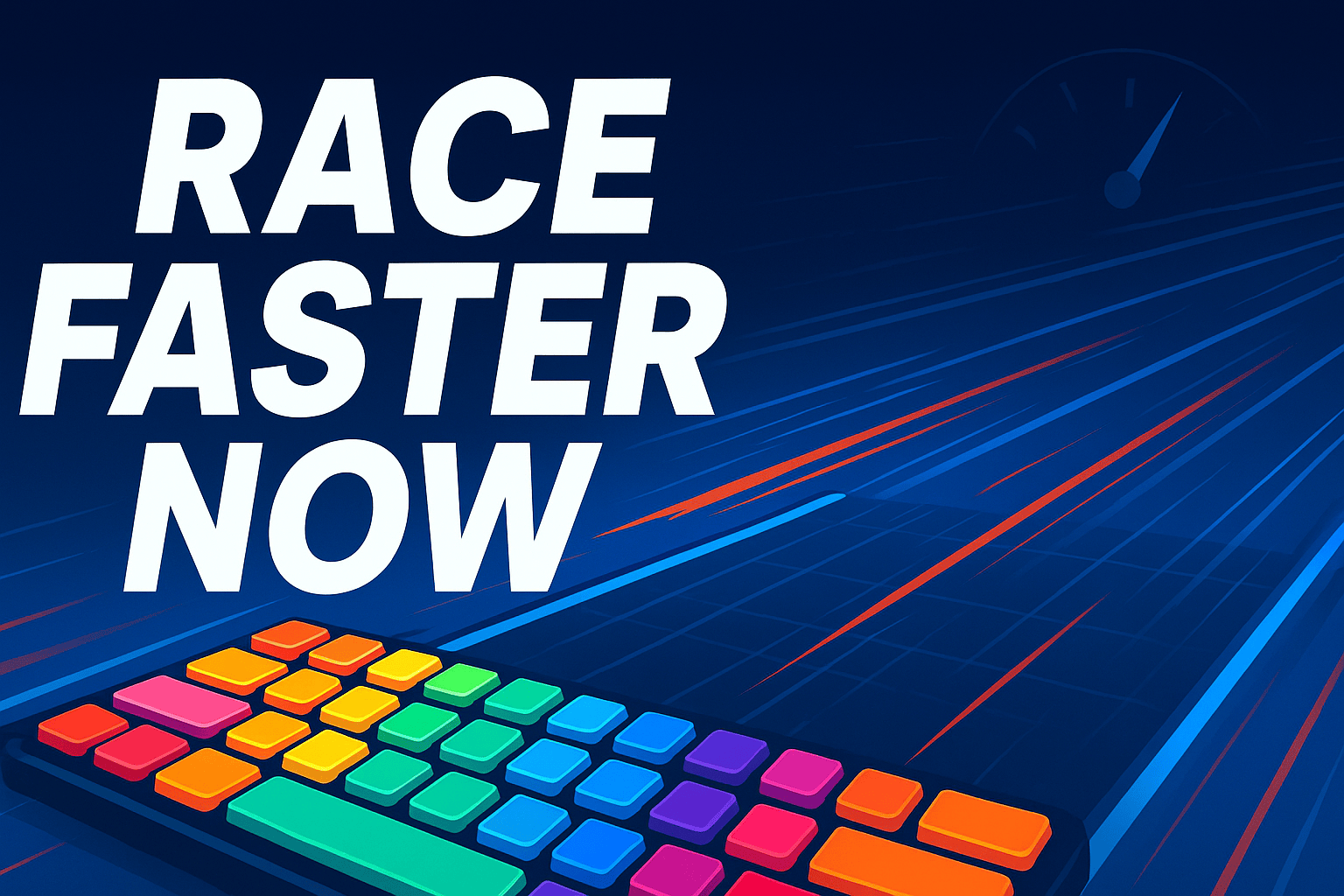Colorful keyboard with speed lines and “Race Faster Now” text for Nitro Type racers