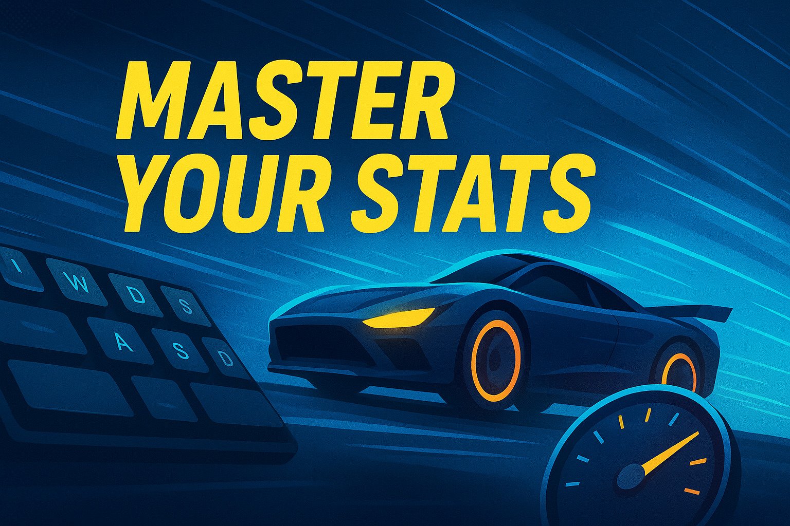 Nitro Type stats banner with racing car, keyboard, and speedometer, featuring the text “Master Your Stats”