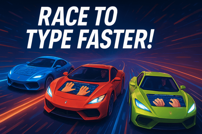 Three racing cars powered by typing in a futuristic car typing game scene
