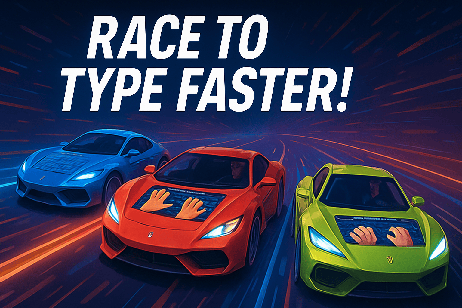 Three racing cars powered by typing in a futuristic car typing game scene