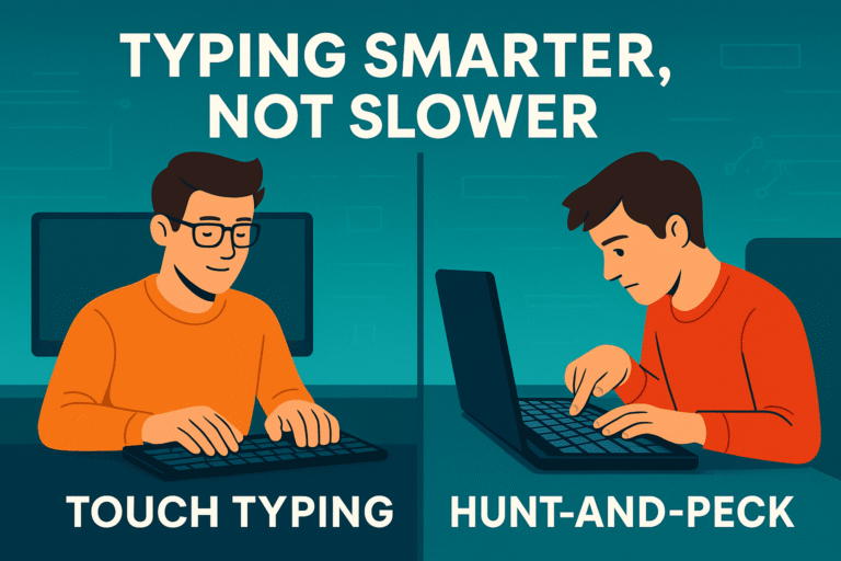 Illustration showing touch typing vs hunt and peck typing styles side by side for productivity comparison