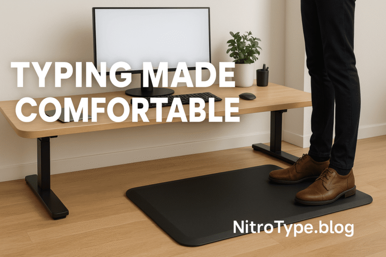 Person typing at a standing desk using an anti-fatigue mat for comfort and posture support.