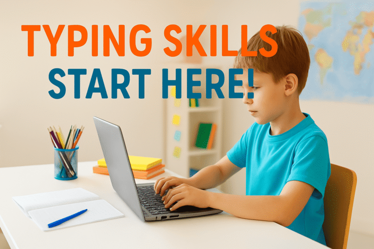 Young boy learning to type as part of a typing curriculum for homeschool setup