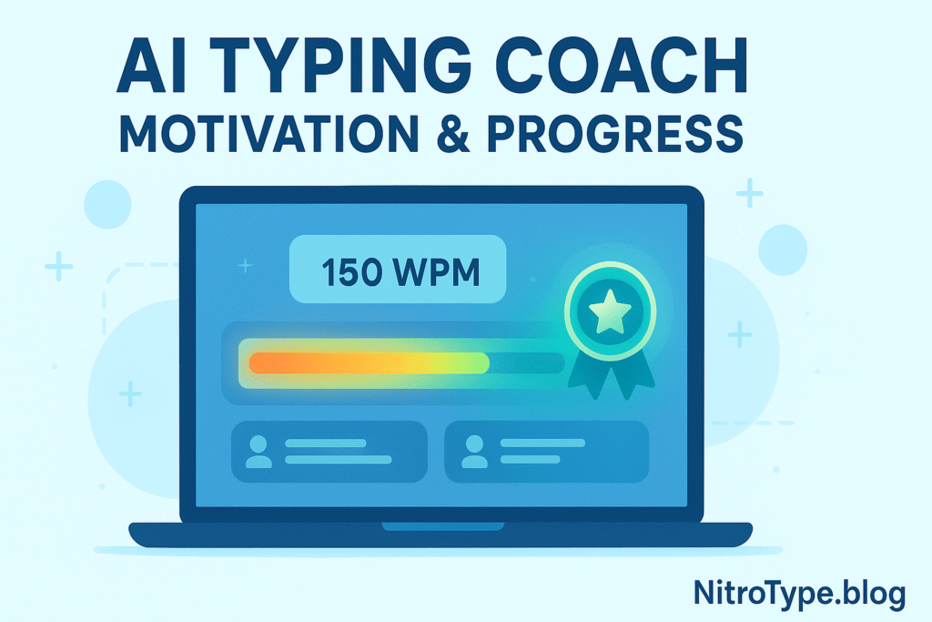 Illustration of AI typing coach showing gamified progress bar, leaderboard, and speed results for improved typing motivation