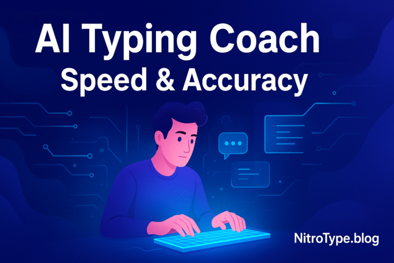 Illustration of AI typing coach improving speed and accuracy with futuristic keyboard and digital interface