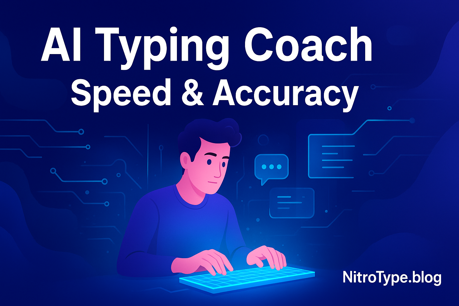 Illustration of AI typing coach improving speed and accuracy with futuristic keyboard and digital interface