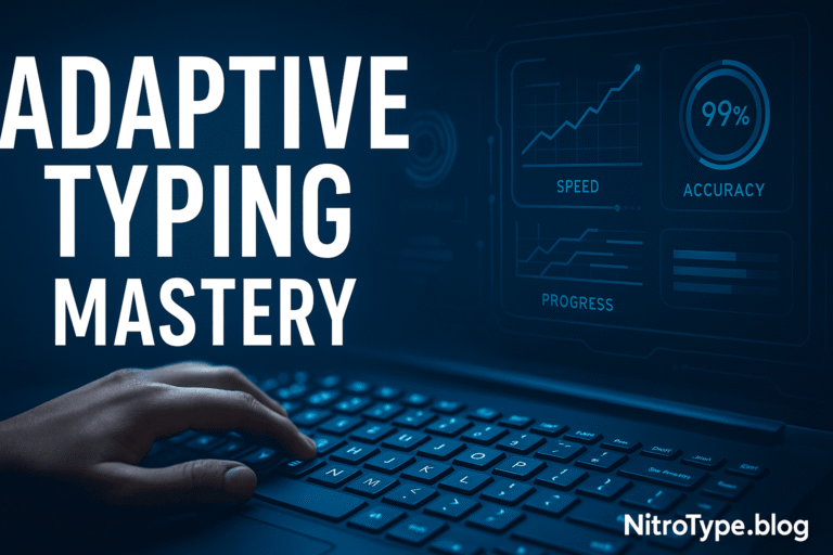Futuristic workspace showing adaptive typing course with progress tracking, speed, and accuracy improvement visuals