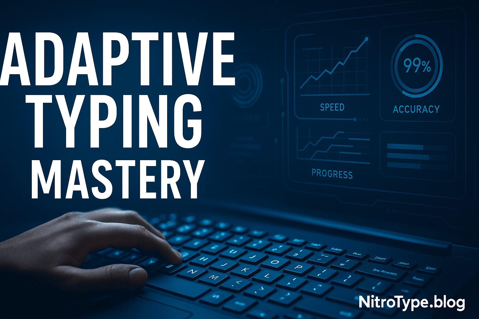 Futuristic workspace showing adaptive typing course with progress tracking, speed, and accuracy improvement visuals