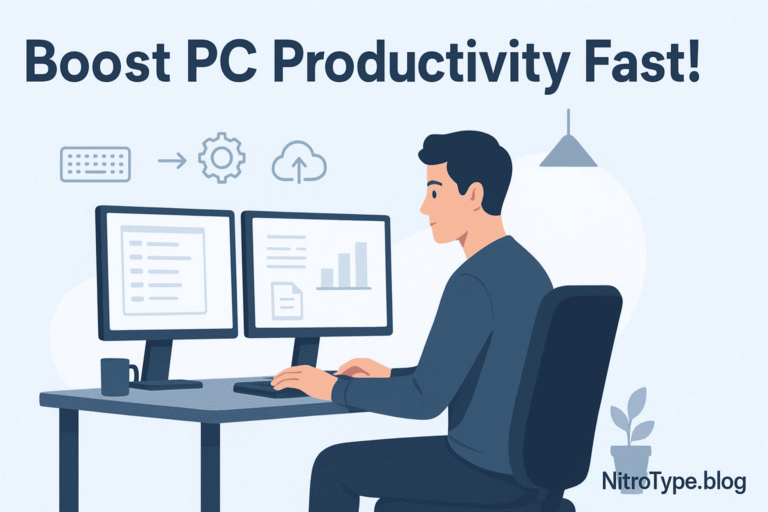 A clean, modern illustration showing a person mastering computer tasks at a dual-monitor desk — representing PC workflow mastery.