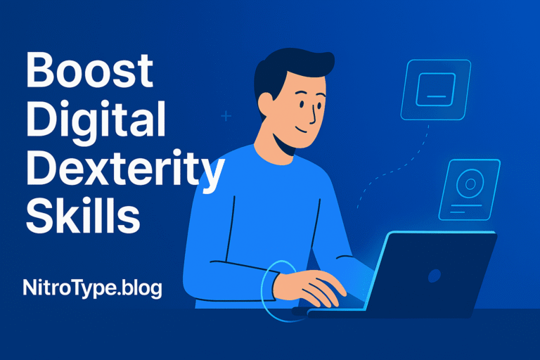 Professional illustration showing a person working on a laptop with glowing elements, highlighting ways to improve Digital dexterity skills.