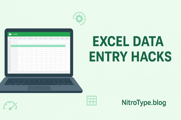 Excel Data Entry Hacks with laptop spreadsheet and green icons